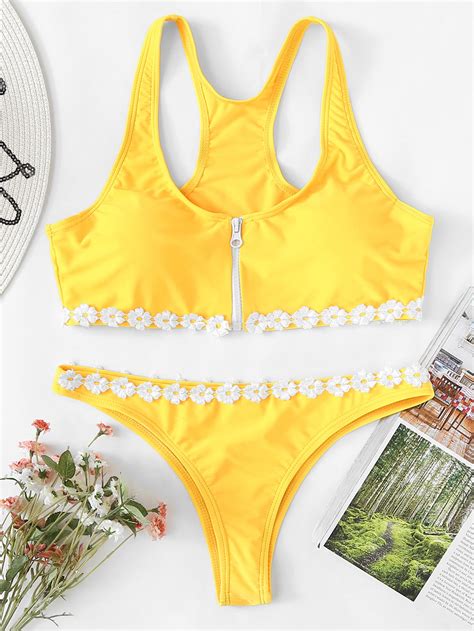 Flower Applique Zipper Bikini Set SheIn Sheinside