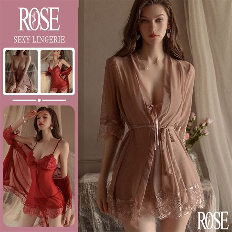 Rose Lace Silk Sexy Lingerie Set Nighties Sleepwear Robe Night Dress Nightdress Nightwear For