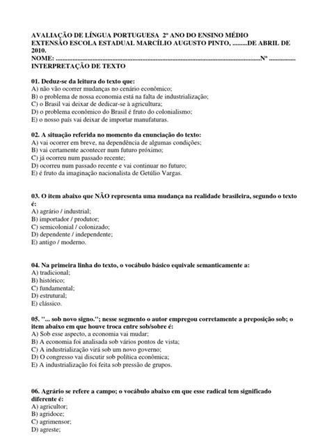 Português 2 Ano Ensino Médio Pdf - Avaliação de Português 2º Ano Ensino Médio | PDF | Finanças e ...