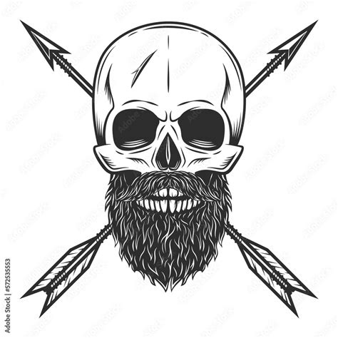 Skull With Mustache And Beard And Vintage Hunting Arrow In Monochrome