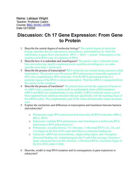 Chapter 17 Gene Expression From Gene to Protein - Name: Lakiaya Wright