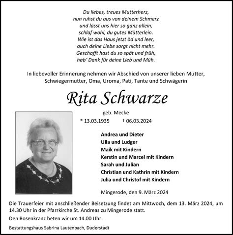 Traueranzeigen Von Rita Schwarze Trauer Anzeigen De