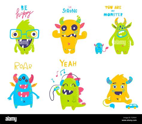 Cute Cartoon Monsters Collection Vector Set Of Flat Isolated Monsters