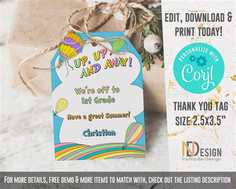 Editable Hot Air Balloon Tag Up Up And Away Rainbow Favor Tag Adventure Awaits Pastel