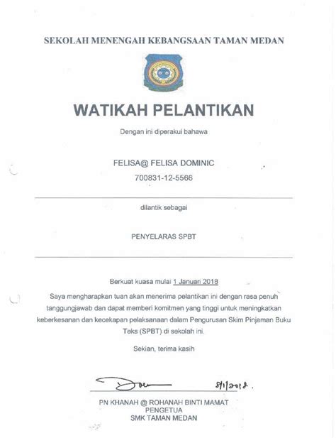 Contoh Surat Lantikan Guru Tomastarolong