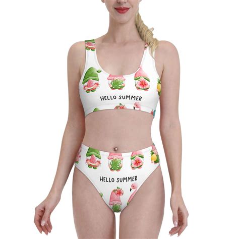Logiee Hello Summer Gnome Print Women S Piece Bikini Set Halter Bathing Suit High Waisted