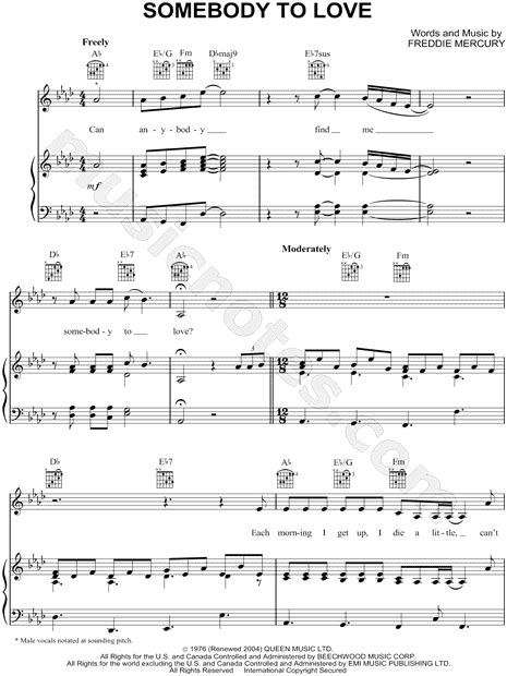 Queen "Somebody to Love" Sheet Music in Ab Major (transposable ...