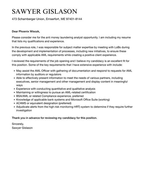 Anti Money Laundering Analyst Cover Letter Velvet Jobs