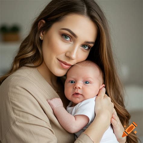 Baby Boy With Blue Eyes And Blonde Hair Held By His Mother With Brown Hair And Green Eyes On Craiyon