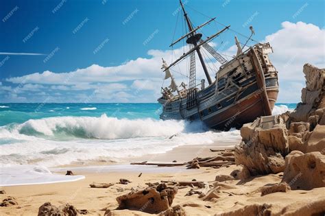 Premium Photo Tropical Beach With A Shipwreck Partially Buried In The