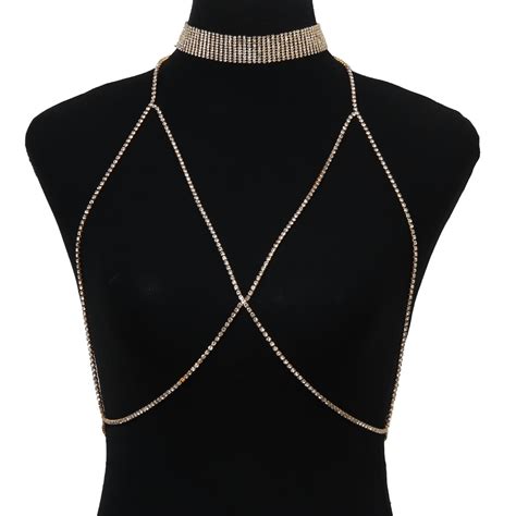 K Ked Women Sexy Neck Chain Beach Claw Chest Chain Rhinestone Bikini Cross Body Chain Gold Neck