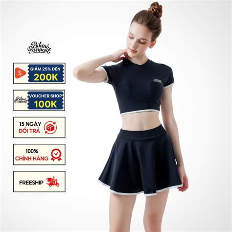 Đồ bơi NỮ BIKINI PASSPORT Hai mảnh LC dạng váy áo tay ngắn có logo màu Đen BS1012 BL