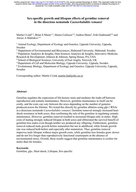 PDF Sex Specific Growth And Lifespan Effects Of Germline Removal In The Dioecious Nematode