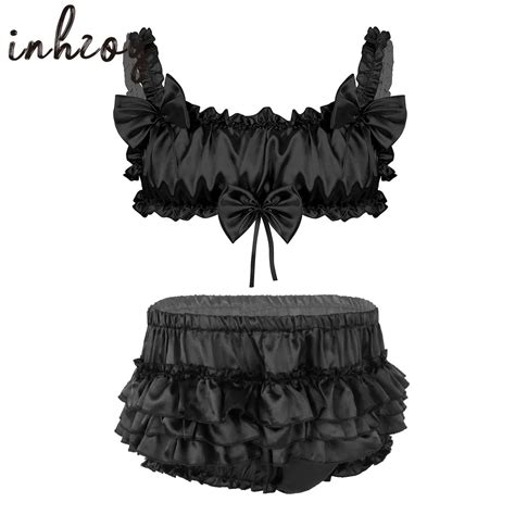 Mens Lingerie Set Sissy Satin Bra Panties Frilly Bowknot Ruffled Lace Sleepwear Nightdress Gay