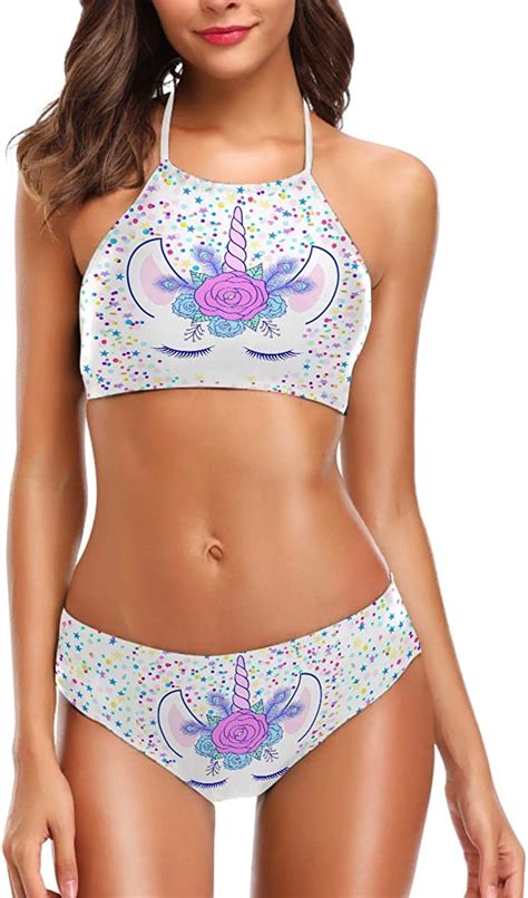Amazon Wamika Unicorn Women S Chic Beach Bikini Piece Halter Neck High Waist Padded