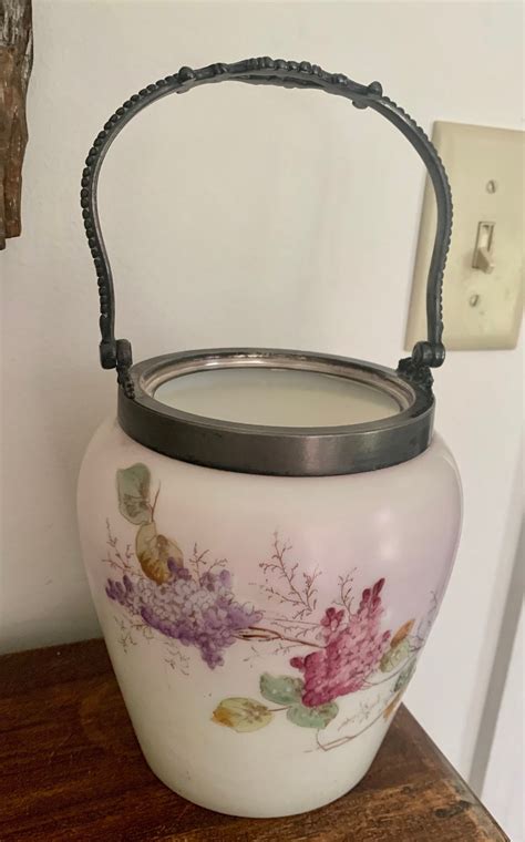 Antique Biscuit Jar Satin Glass Hand Painted With Silverplate Handle
