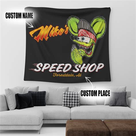 Personalized Hot Rod Rat Fink Speed Shop Kustom Kulture Garage Tapestry Dingmun
