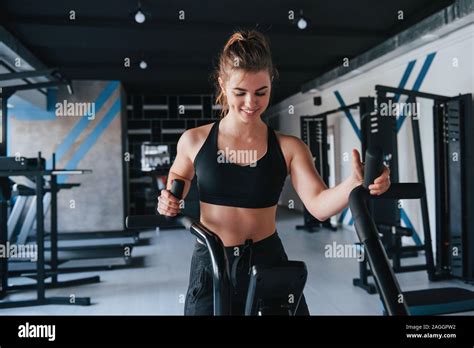 Always Positive Girl Having Exercise Photo Of Gorgeous Blonde Woman In The Gym At Her Weekend