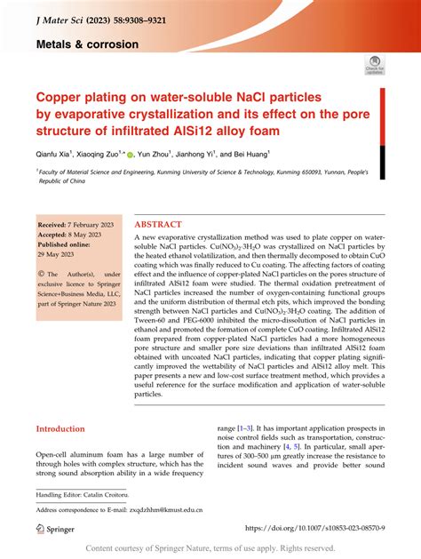 Copper Plating On Water Soluble NaCl Particles By Evaporative