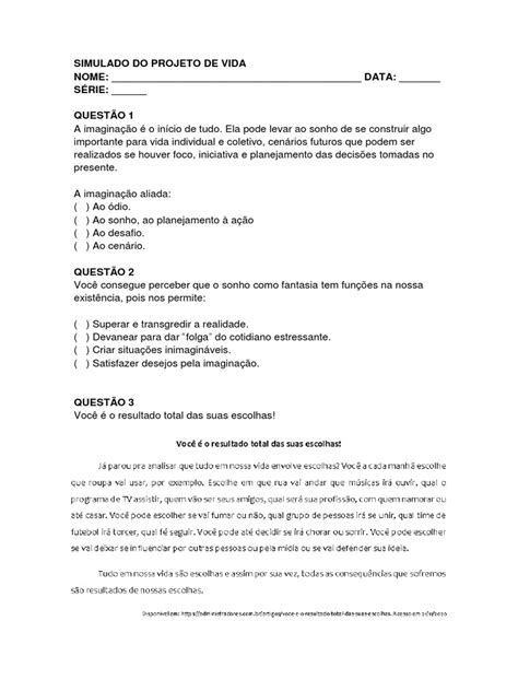 Projeto De Vida 7 Ano - 7 Ano SIMULADO DO PROJETO DE VIDA | PDF