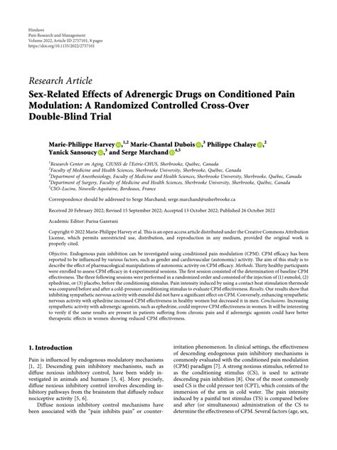 PDF Sex Related Effects Of Adrenergic Drugs On Conditioned Pain Modulation A Randomized