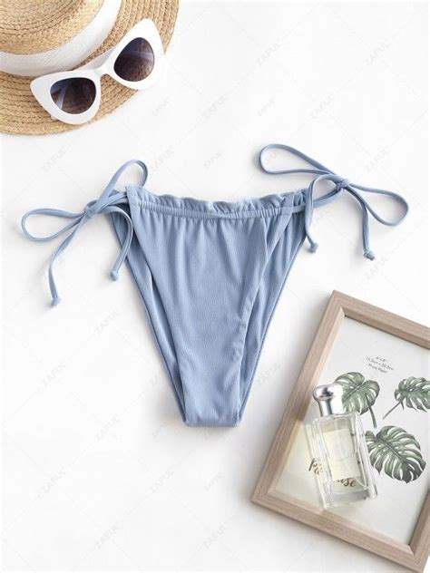 OFF ZAFUL Ribbed Ruffle Loincloth Bikini Bottom In LIGHT BLUE ZAFUL