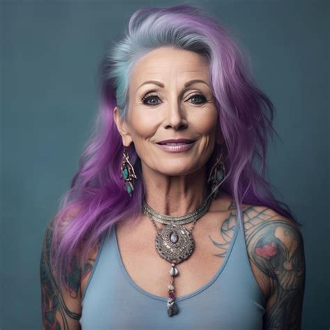 Premium Photo Image Of Mature Tattooed Woman With Purple Short Hair