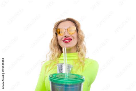 Sexy Blonde In A Bright Dress Posing With Two Cocktail Glasses Isolated Stock Photo Adobe Stock