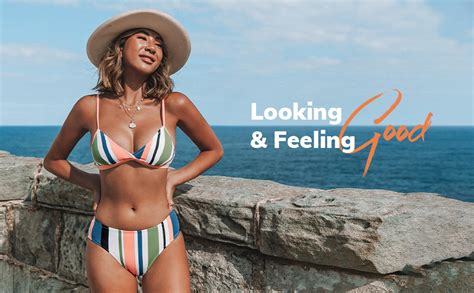 Amazon CUPSHE Women S Striped Back Hook Closure Bikini Adjustable Straps Swimsuits L