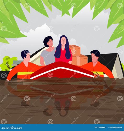 Flooding Disaster Concept Rescuer Help Women On Boat Through Water With
