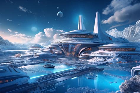A Futuristic City Surrounded By Snow Covered Mountains And Planets In