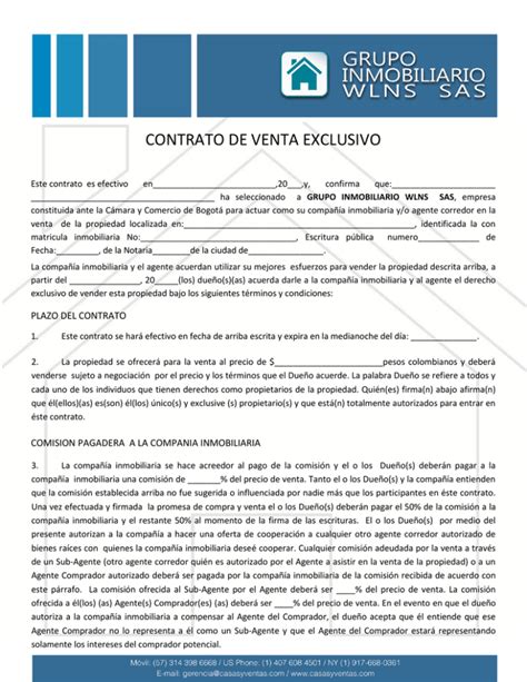 Contrato De Venta Exclusivo GRUPO INMOBILIARIO WLNS SAS