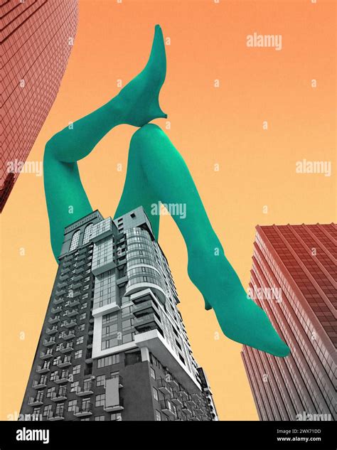 Giant high heels appearing from monochrome skyscraper against orange ...