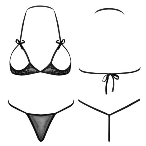 Sexy Women Lace Lingerie Set Open Cup Bra Halter Neck Bralette G String Suit EBay