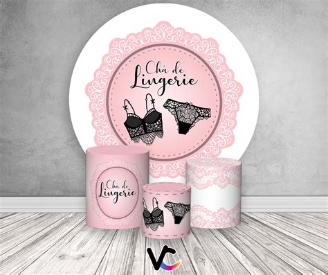 Painel De Festa Redondo x Trio De Capas Cilindro Chá de Lingerie Preta Fundo Rosa