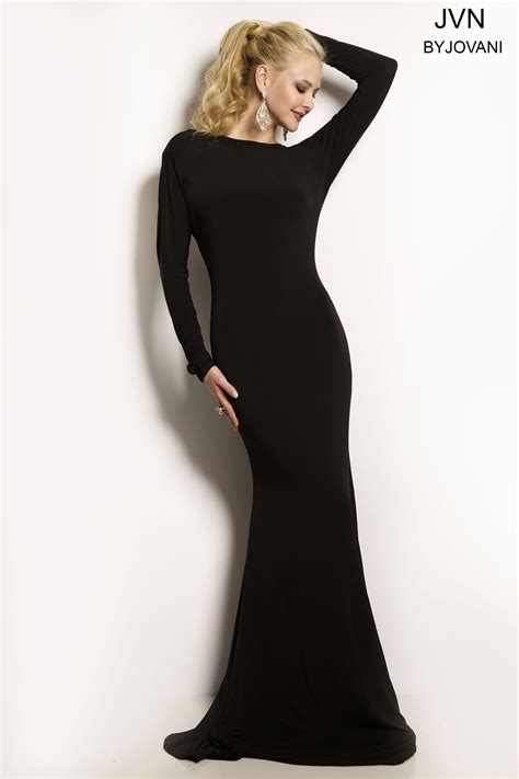 Black long sleeves jersey open back fit simple mermaid dress. | Prom ...