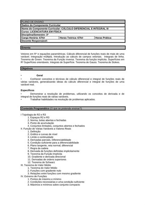 Pdf Plano De Ensino Dados Do Componente Curricular Nome Do Lculo