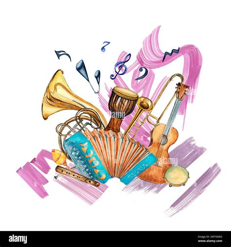 Jazz Musical Instruments Watercolor Illustration And Paint Stroke