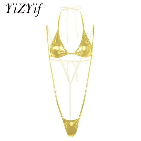 Bayan Mini Mikro Bikini Erotik Parlak Metalik I Ama R Seti Halter Boyun Kendinden Kravat Sutyen