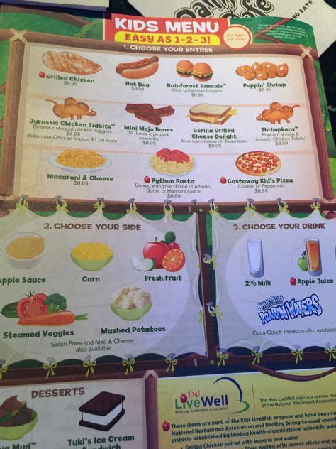 Kids Menu At The Rainforest Cafe At Arizona Mills Mall In Tempe