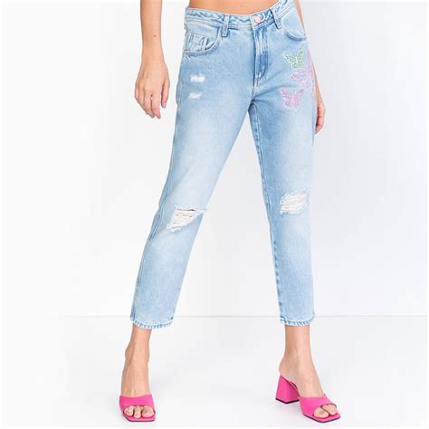 Calça Jeans Cigarrete Bordado Flor de Lis Pole Modas