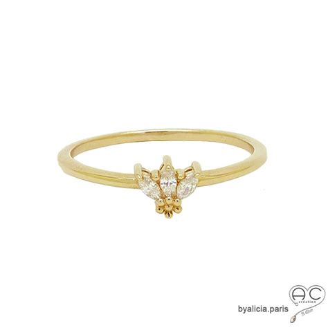 Bague fine fleur zirconium brillant plaqué or 3MIC femme empilable