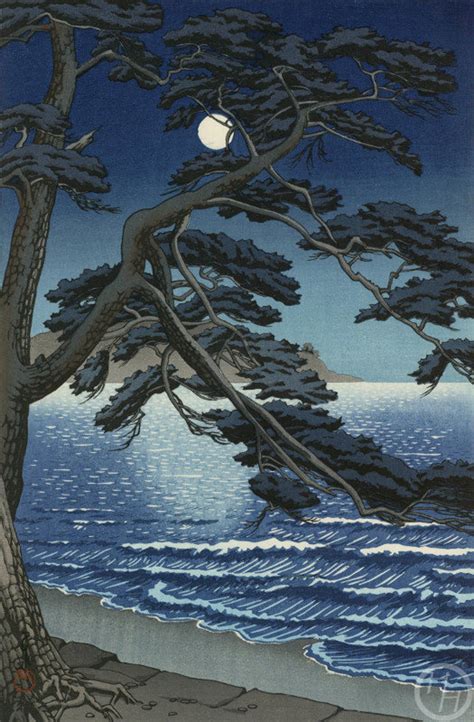 Japanese Art Print Moon At Enoshima Beach By Kawase Hasui Woodblock