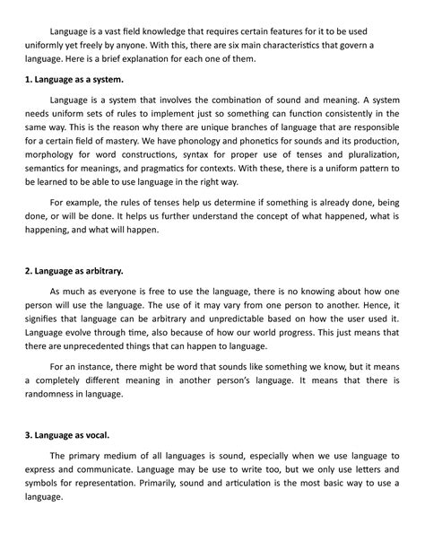 Linguistics Essay- Characteristics of Language - Language is a vast