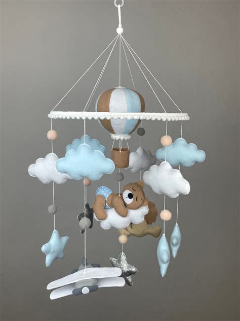 Baby Mobile Boy Blue Air Balloon Nursery Mobile Plane Lion Bear Felt