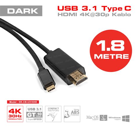 DARK 1 8metre DK CB U31XHD USB3 1 Type C HDMI 4K 30p Kablo Fiyatı