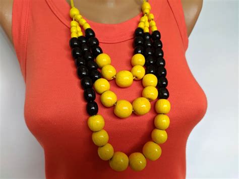 Black Yellow Bead Necklace Of Three Threadsmulti Strand Wood Etsy