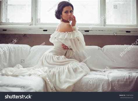 Beautiful Brunette White Dress Posing Indoors Stock Photo Shutterstock