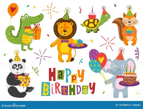 Set of Isolated Funny Animals for Happy Birthday Design Part 2 Stock