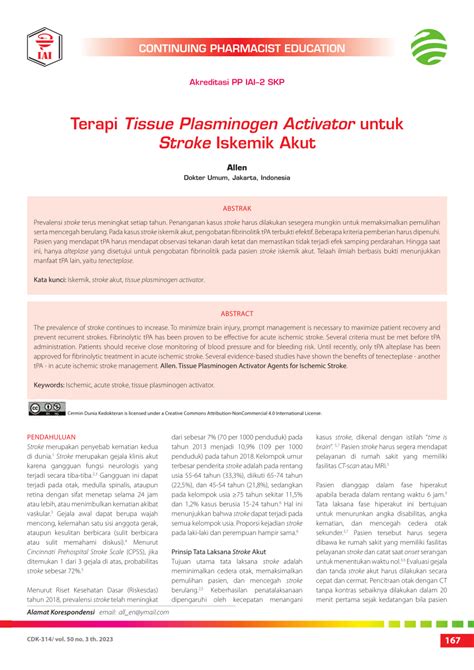 Pdf Terapi Tissue Plasminogen Activator Untuk Stroke Iskemik Akut